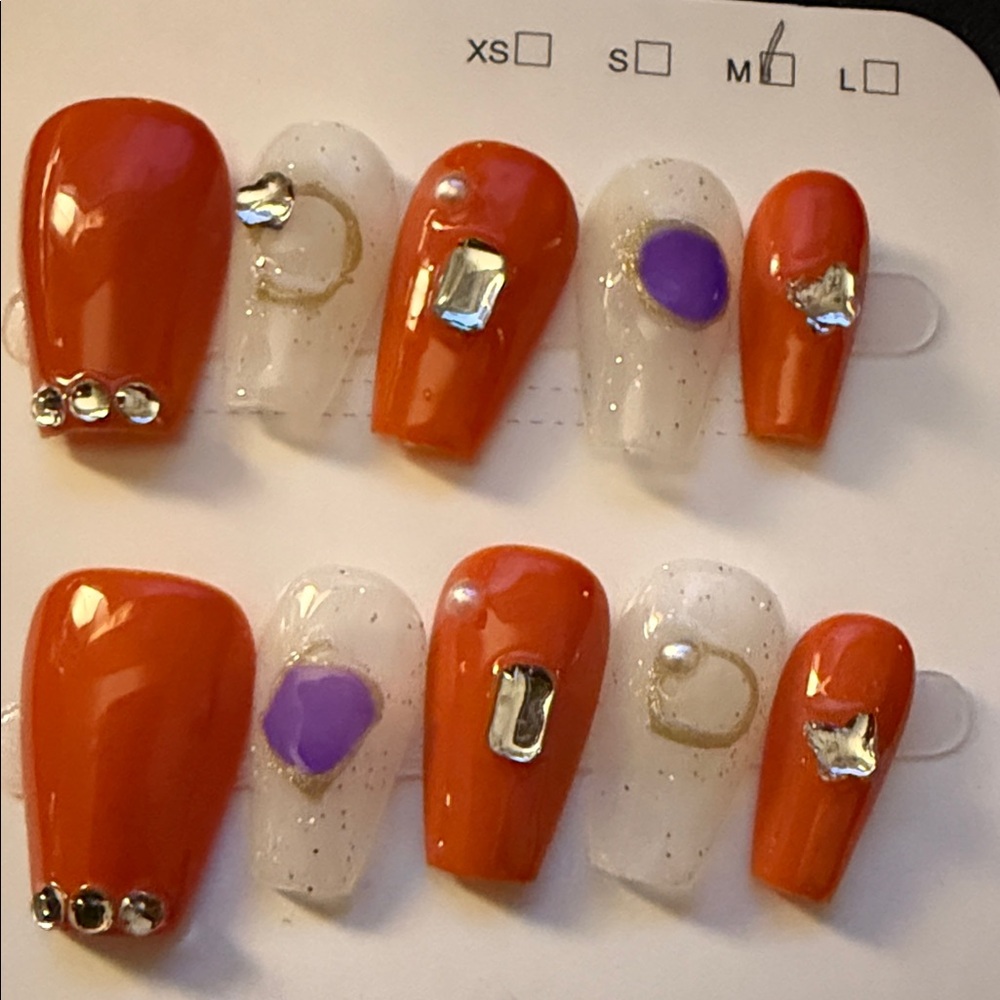 Red and White Press-On Nails with Rhinestones